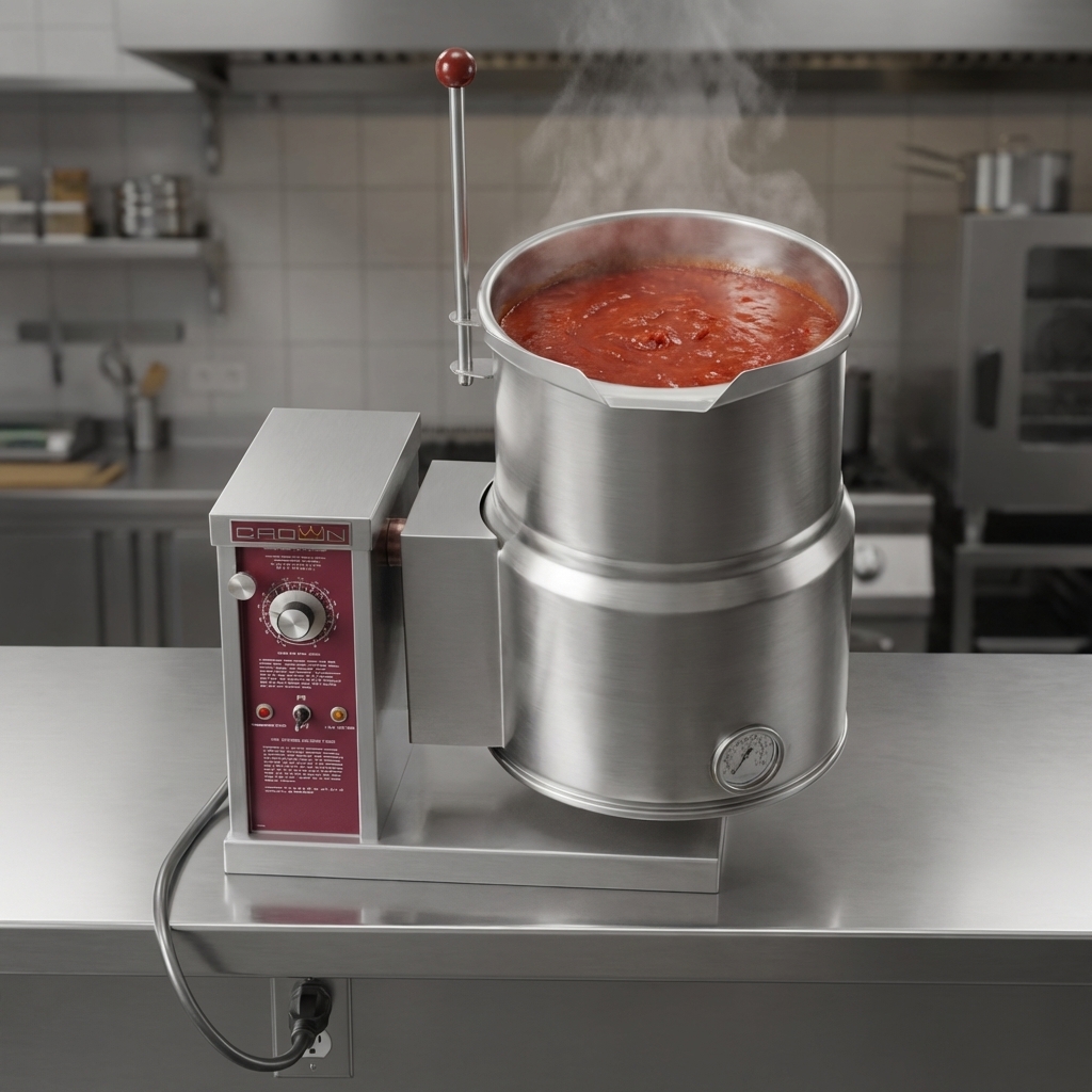 This electric countertop kettle efficiently operates with its self-generating closed steam system, requiring no external steam source.