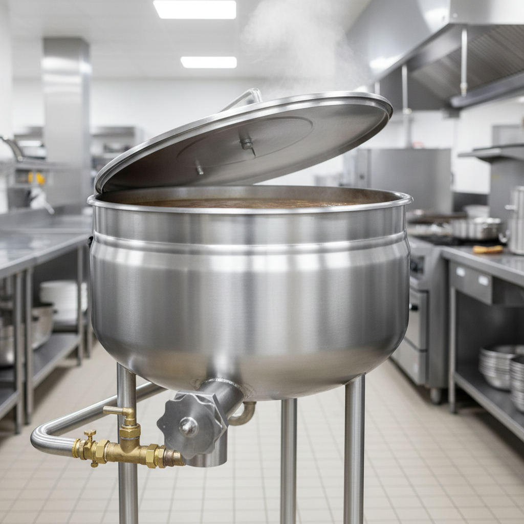 This image highlights the seamless integration of direct steam operation in a 30-gallon full jacket stationary kettle, ensuring powerful and efficient cooking.