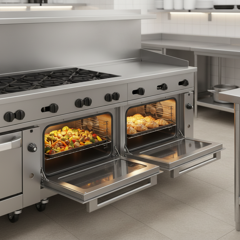 This image highlights the spacious dual convection ovens, ensuring even heat distribution for all your baking and roasting needs.