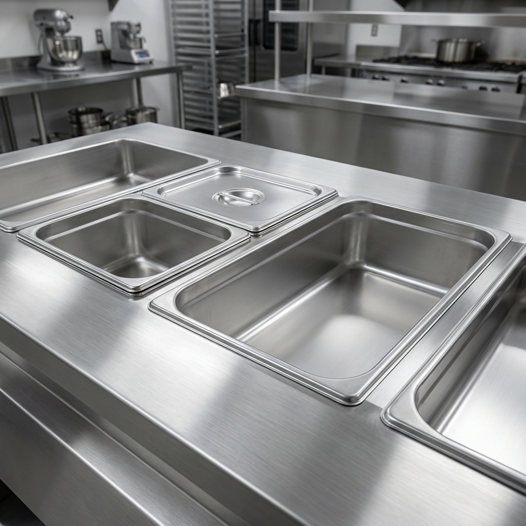 Observe the Thurmaduke food warmer's durable 16-gauge, 300 Series stainless steel top, featuring four precisely die-stamped openings designed for full-size food pans.
