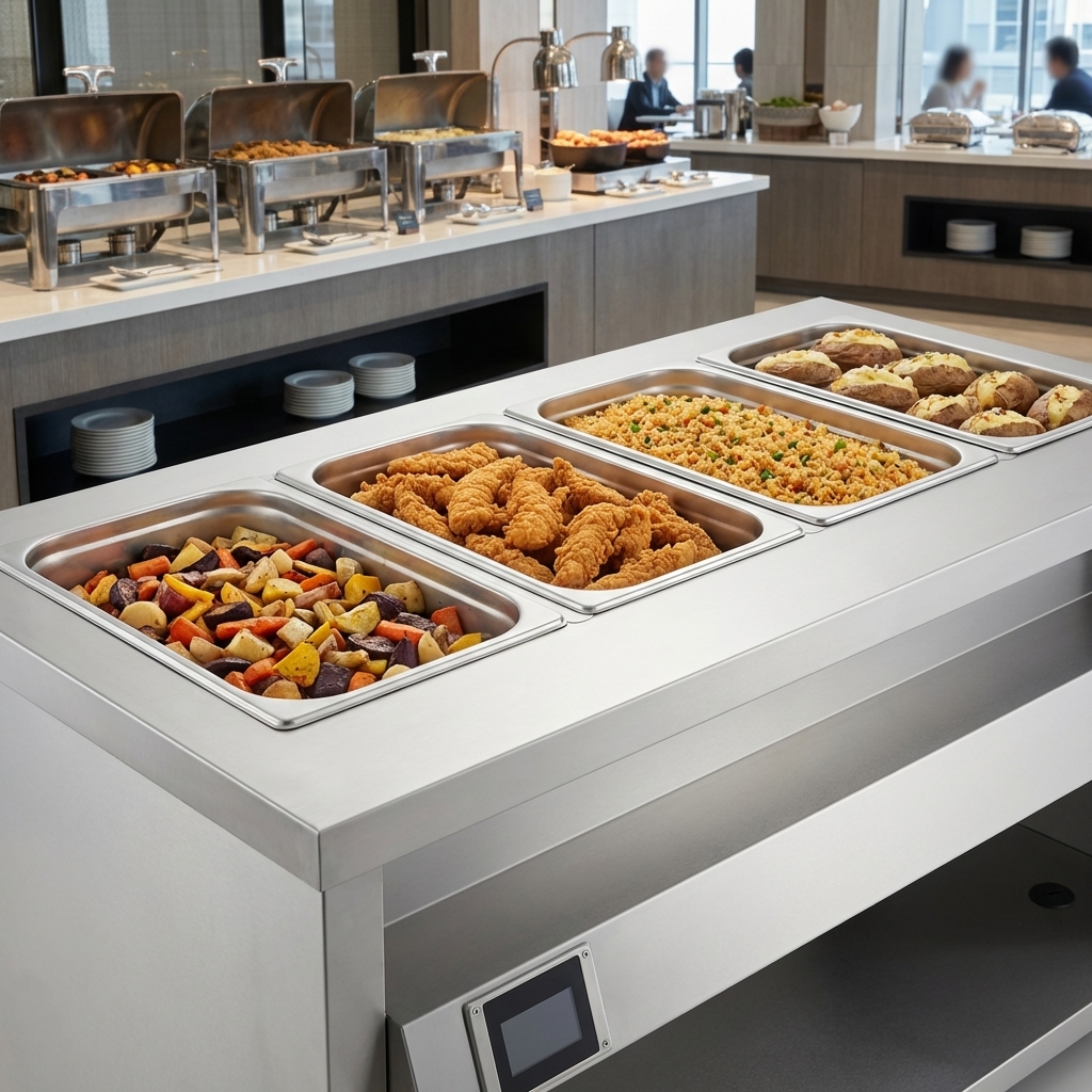 This image highlights the four individual, deep stainless steel heat wells, designed for efficient and consistent dry warming.
