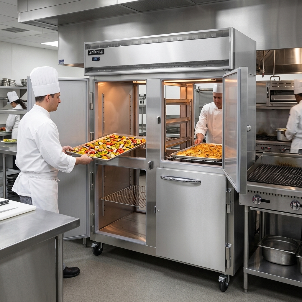This image highlights the extra-wide pass-thru design of the heated holding cabinet, allowing for efficient loading and unloading from both sides in a busy kitchen.