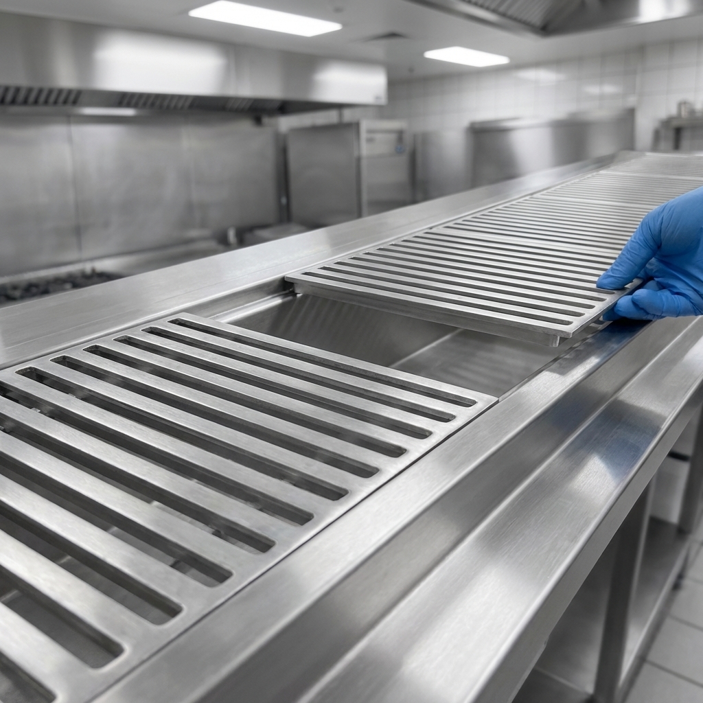 Experience the robust support and easy cleaning of the removable stainless steel subway-style grating on this anti-splash cool trough system.