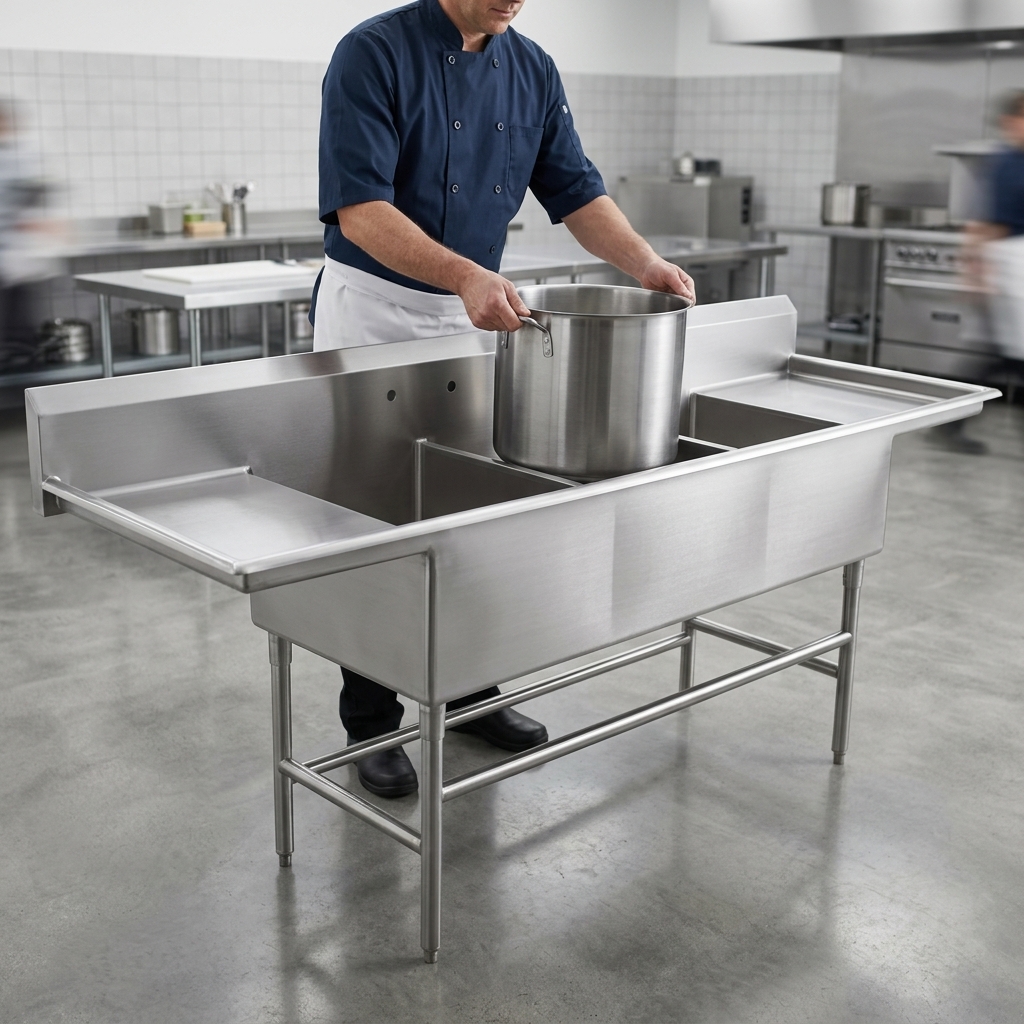 Showcasing the sink's heavy-duty 14-gauge type 304 stainless steel construction, built for exceptional durability and commercial longevity.