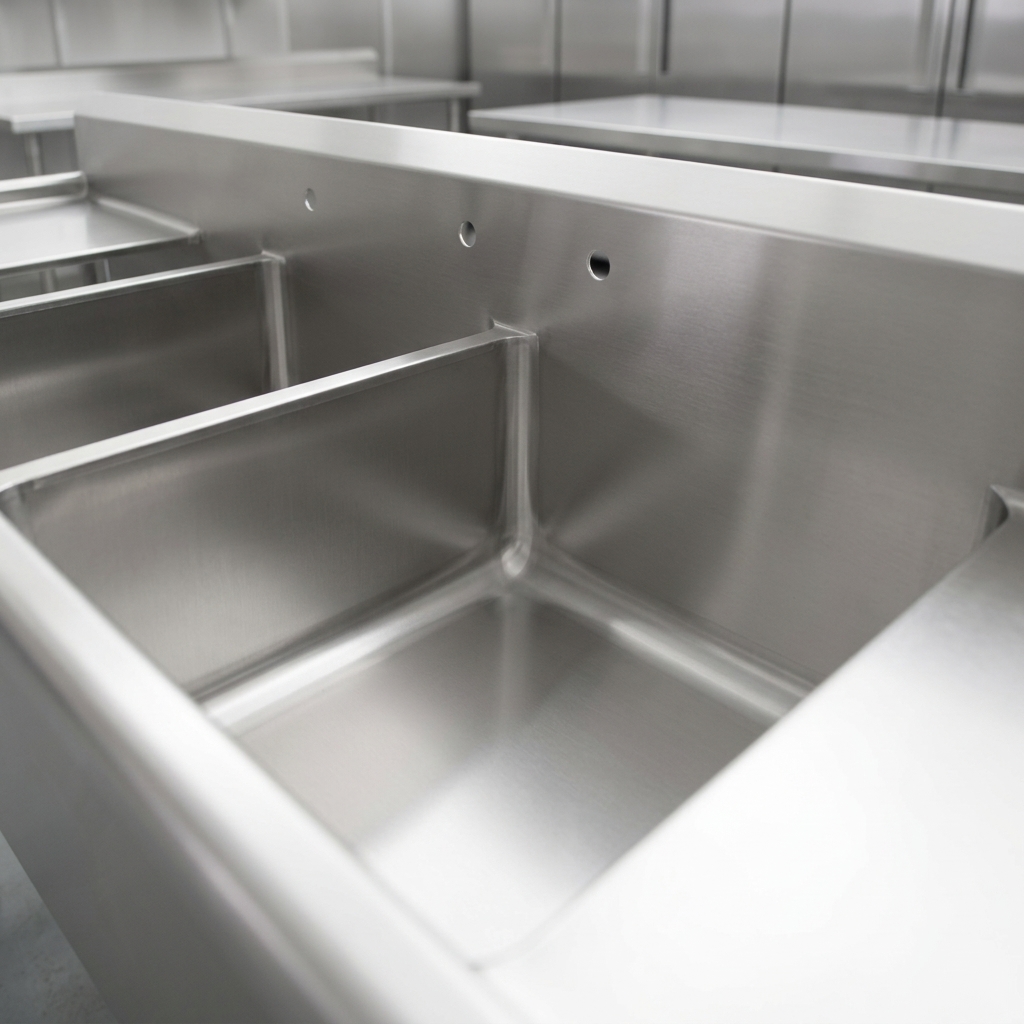 This image highlights the sink's coved inside radii, designed to prevent grime buildup and make cleaning effortless.