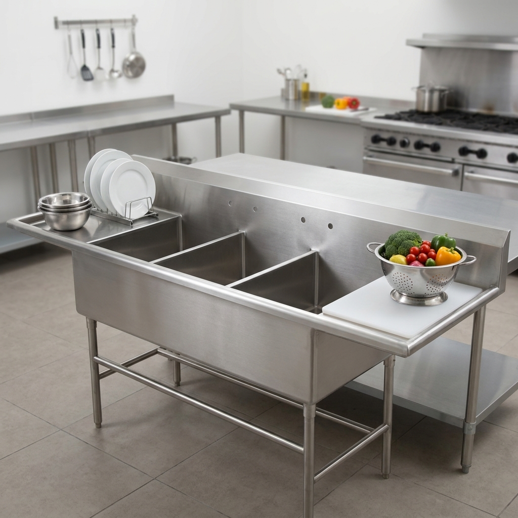 Maximize your kitchen's workflow with this three-compartment sink, featuring expansive dual drainboards perfect for both drying and prep.