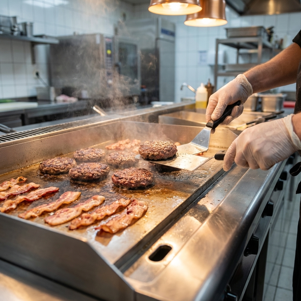 Showcasing exceptional heat retention and durability, this image highlights the polished 1-inch thick steel griddle plates delivering perfectly even cooking results.