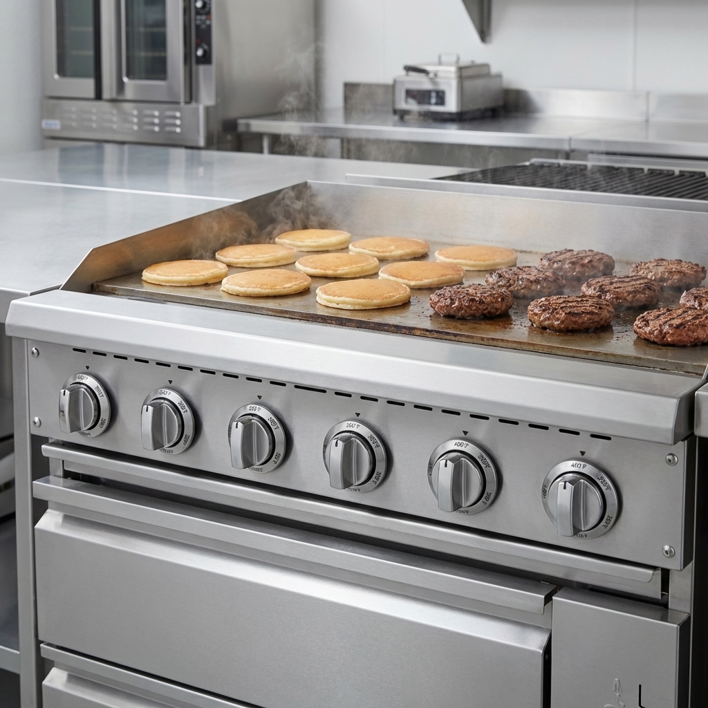 Experience precise and consistent temperature management for optimal cooking results with the intuitive thermostatic controls on this heavy-duty gas griddle.