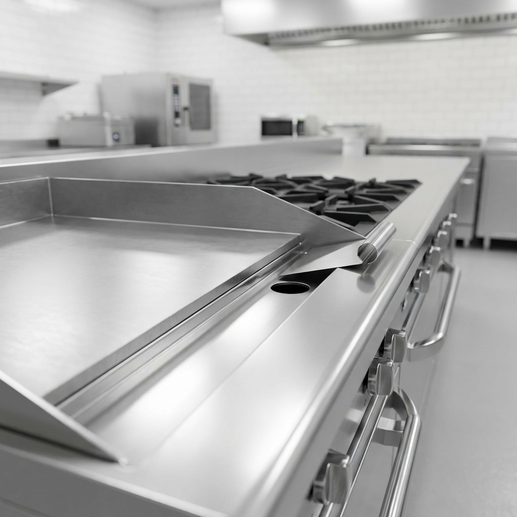 Observe the robust 14 gauge stainless steel grease trough, designed for effortless cleaning and efficient grease management on this heavy-duty griddle.