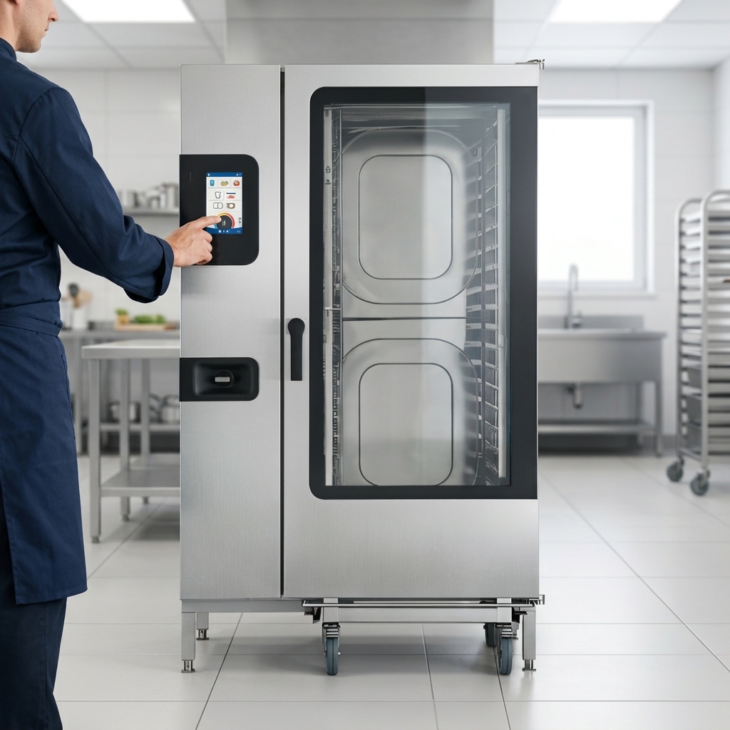 Effortlessly manage your kitchen operations with the intuitive 10-inch easyTouch control panel of this high-capacity combi oven.