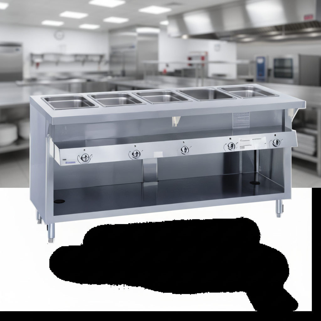 Experience the superior durability and hygiene of the steam table's heavy-duty, one-piece 16-gauge stainless steel top, built for demanding commercial environments.