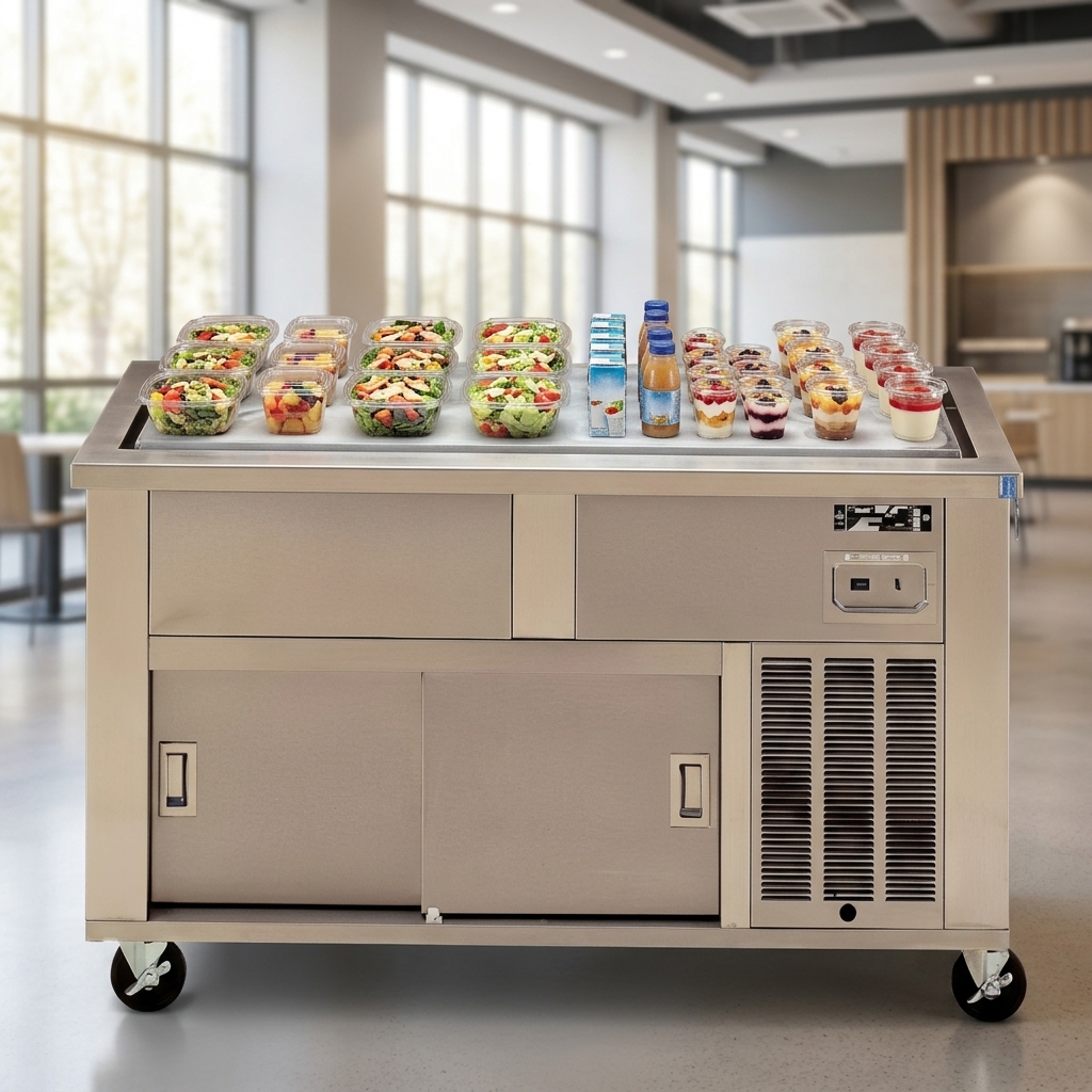 Showcasing the DineXpress DXP4FT mobile serving counter, its mechanically cooled frost top efficiently keeps grab-and-go items perfectly chilled below 41°F without the need for ice.