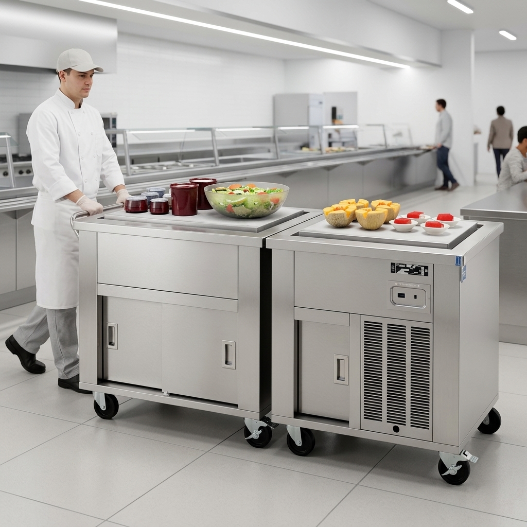Effortlessly reconfigure your serving line with the DineXpress DXP4FT's mobile modular design, featuring heavy-duty casters and interlocking mechanisms.