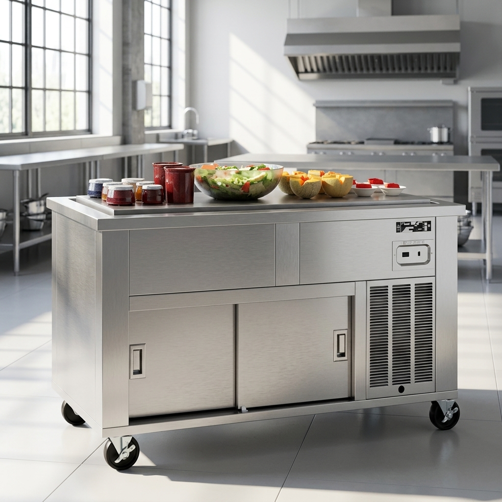 Showcasing its superior strength, this image highlights the DineXpress DXP4FT mobile serving counter's durable stainless steel construction designed for long-lasting commercial use.