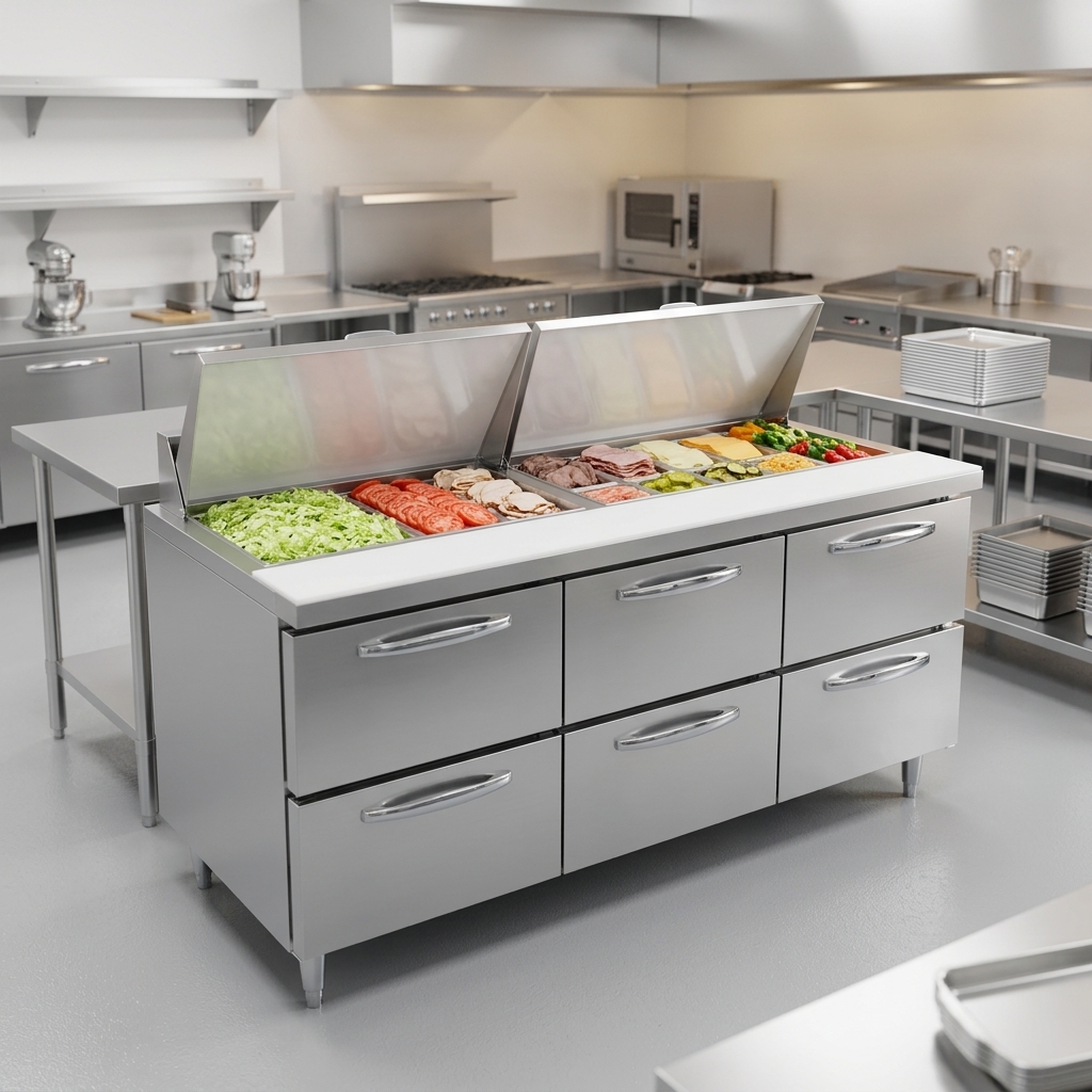 Experience peak freshness and efficiency with this prep table, featuring an environmentally safe R-290 natural refrigerant for optimal preservation.