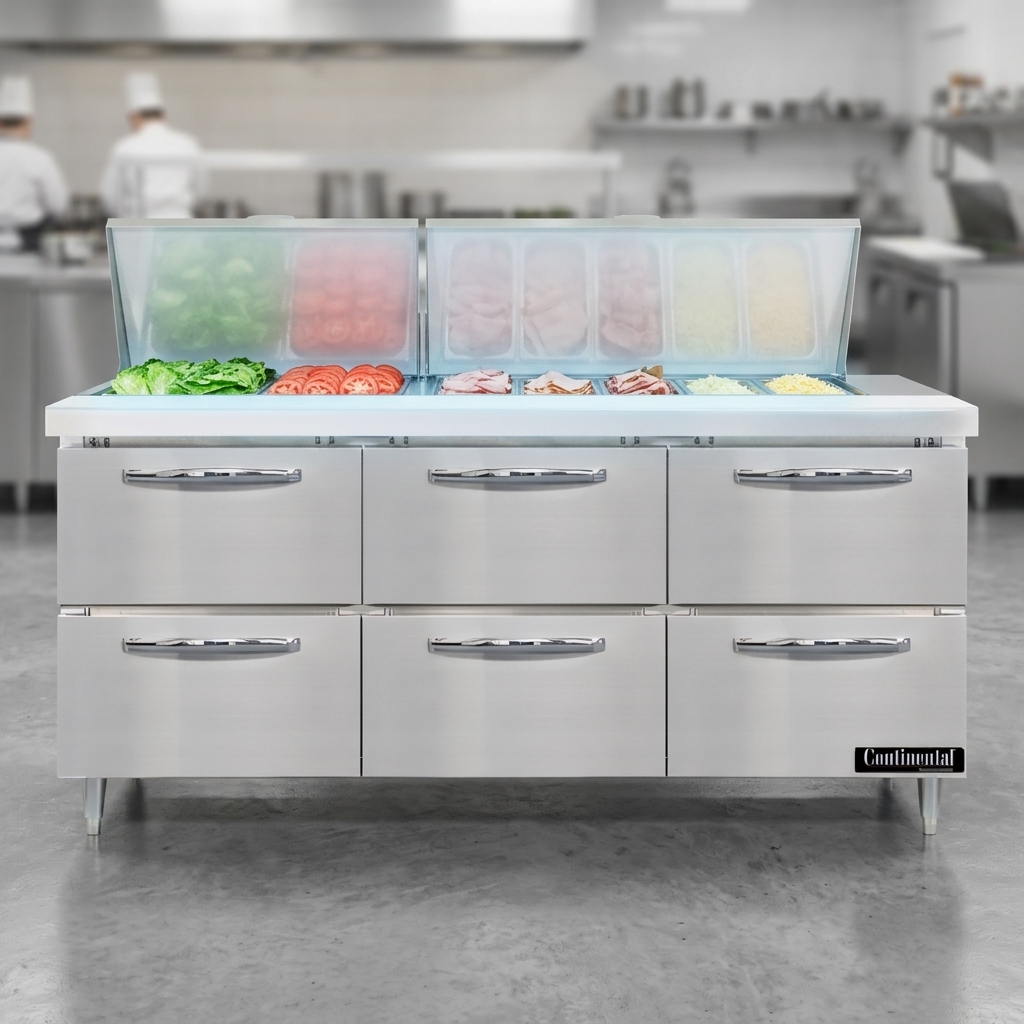 Observe the precise temperature control that keeps every ingredient in this prep table impeccably fresh and perfectly chilled.