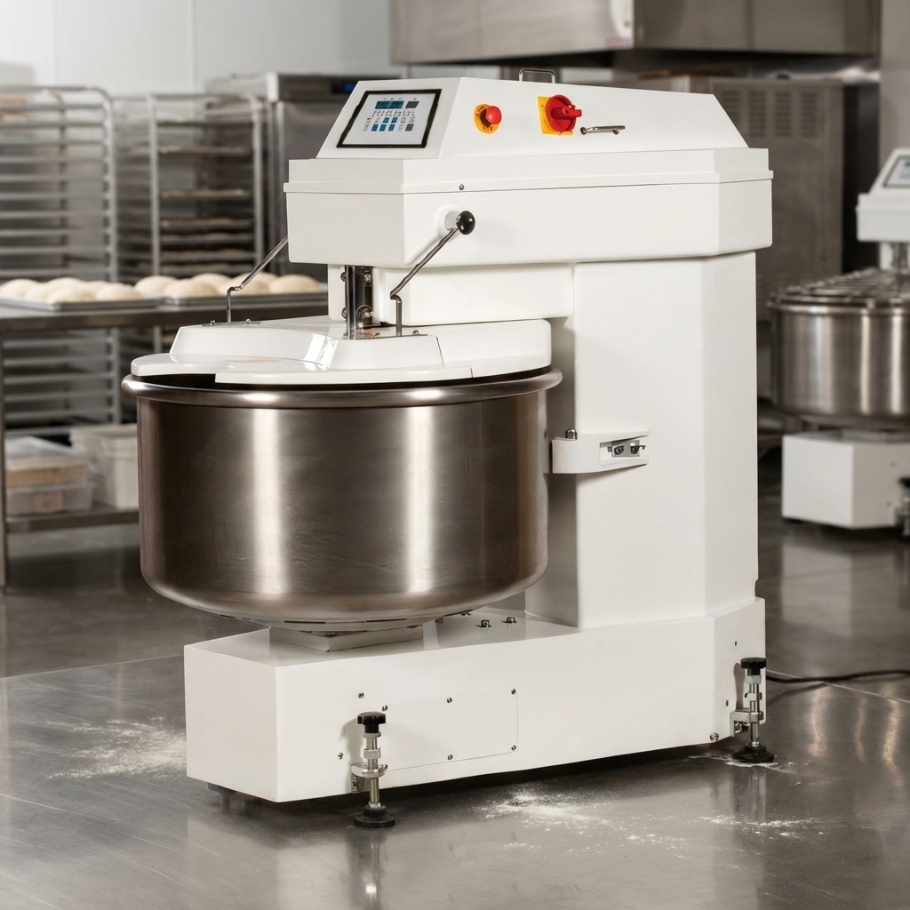 A rugged spiral dough mixer with a strong welded steel body built for durability and hygiene.
