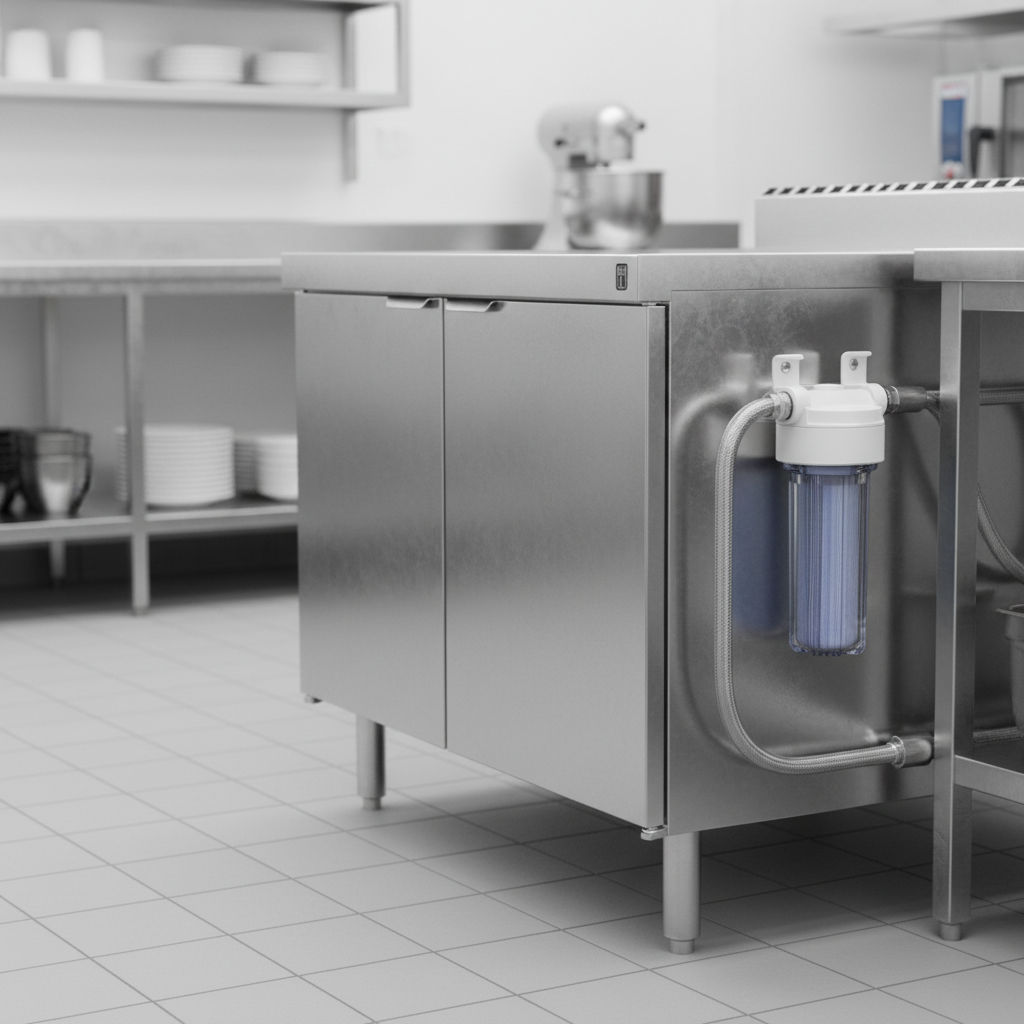 This image showcases the steam generator's integrated water filter system and robust split water line connection, ensuring optimal water quality and boiler performance.