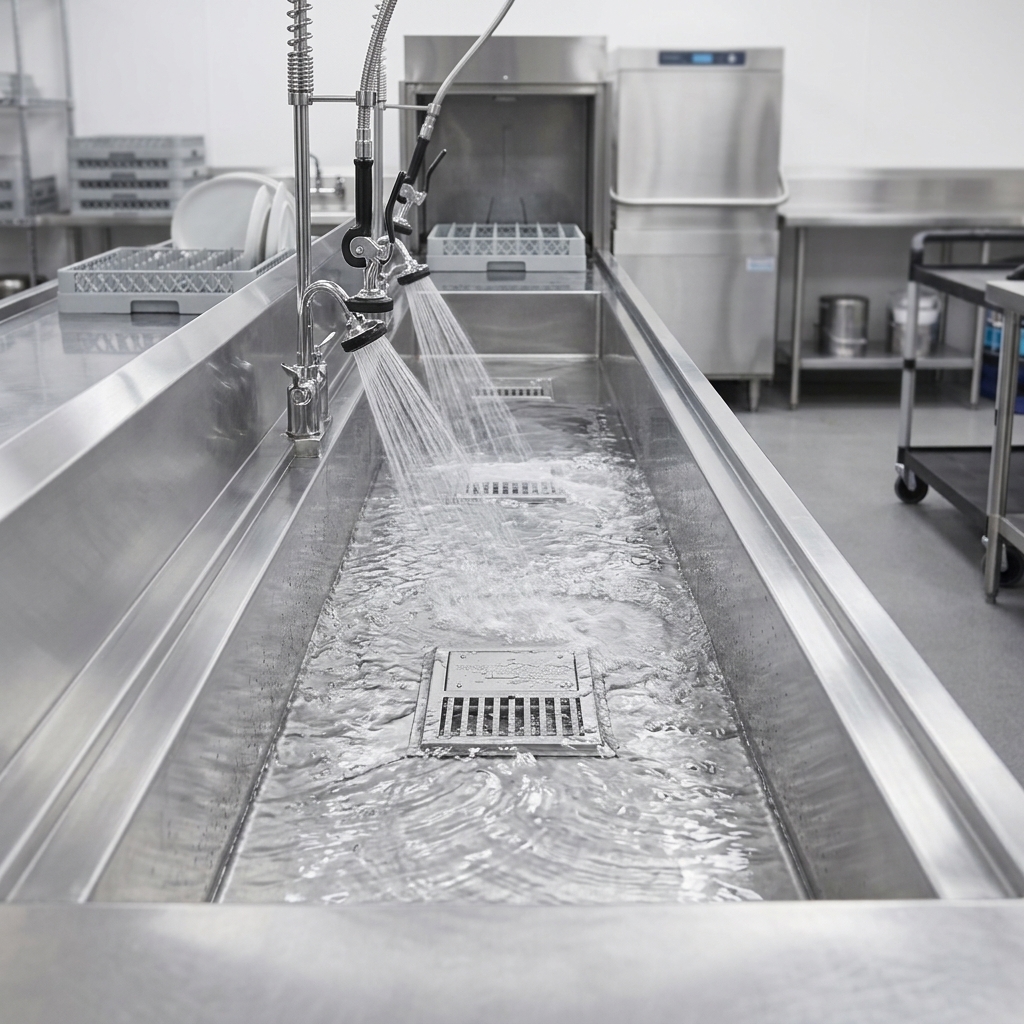 Experience a clean and safe dishwashing environment with the anti-splash design of this 96-inch cool trough water tempering system.