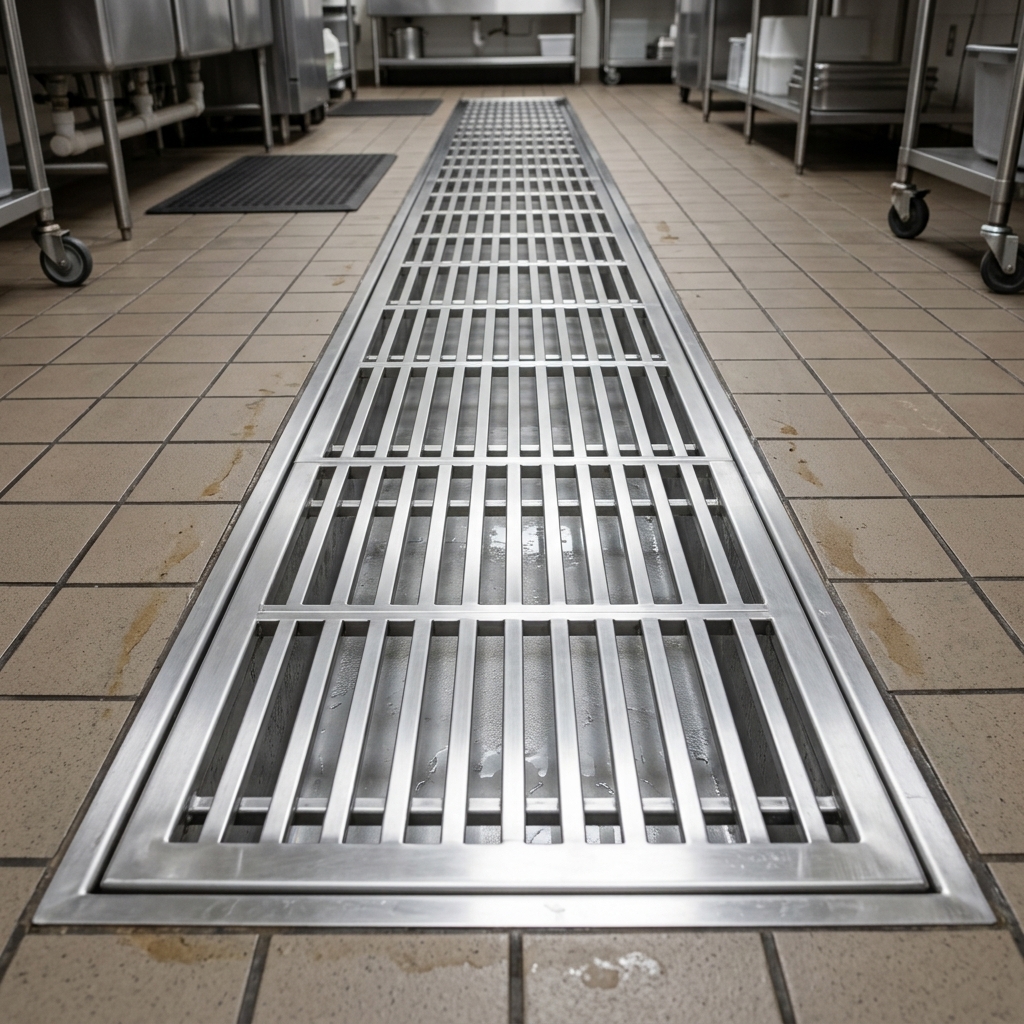Observe the robust stainless steel subway-style grating, offering durable and aesthetically pleasing protection for high-traffic commercial environments.