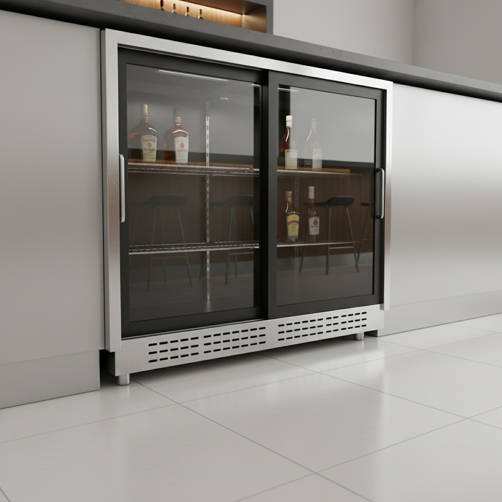 Showcasing a remarkably clean installation, this 69" pass-thru back bar cooler features an automatic hot gas condensate evaporator for simplified setup.