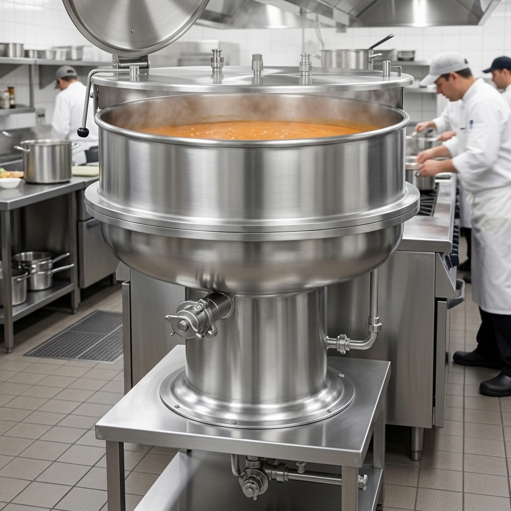 This image highlights the kettle's full jacketed design, ensuring superior, even heat circulation for consistent cooking results.