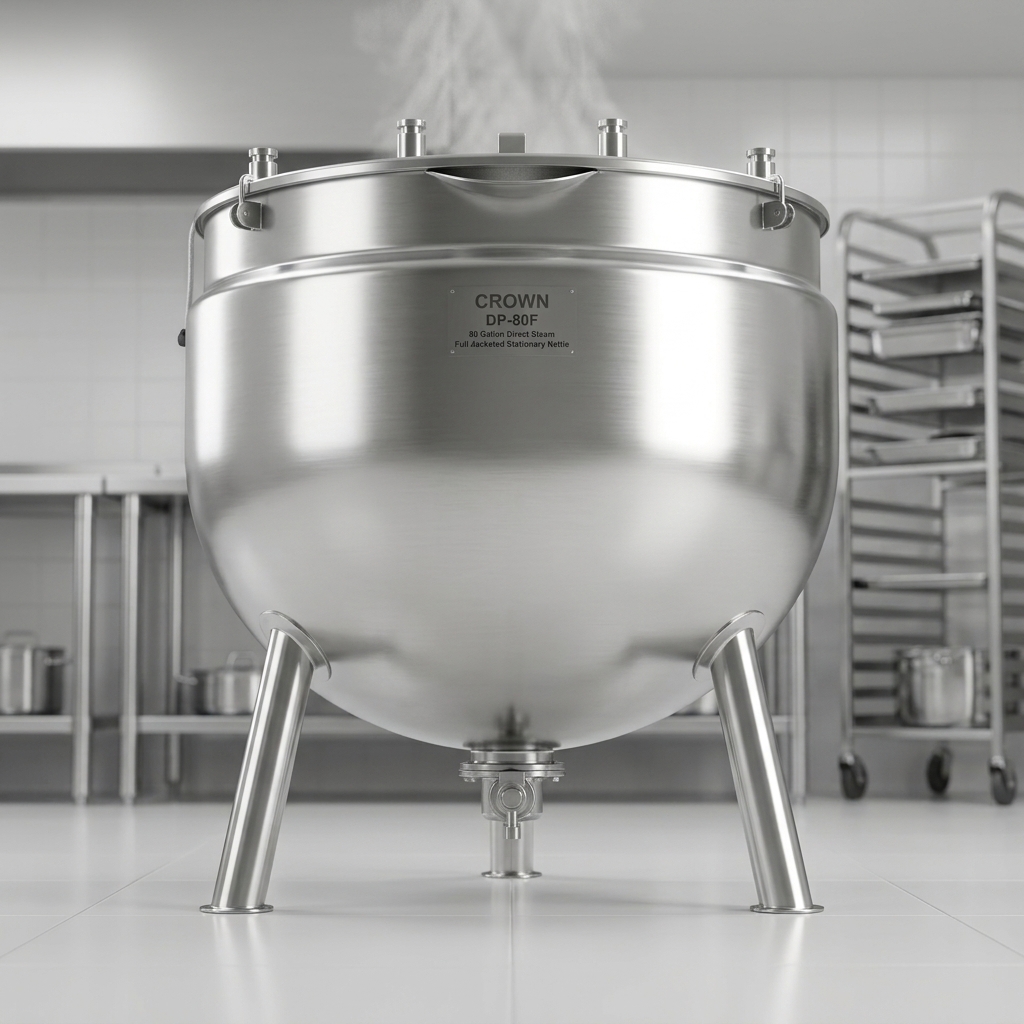 Observe the innovative hemispherical bottom design of the 80-gallon steam kettle, engineered for superior heat circulation and cooking efficiency.