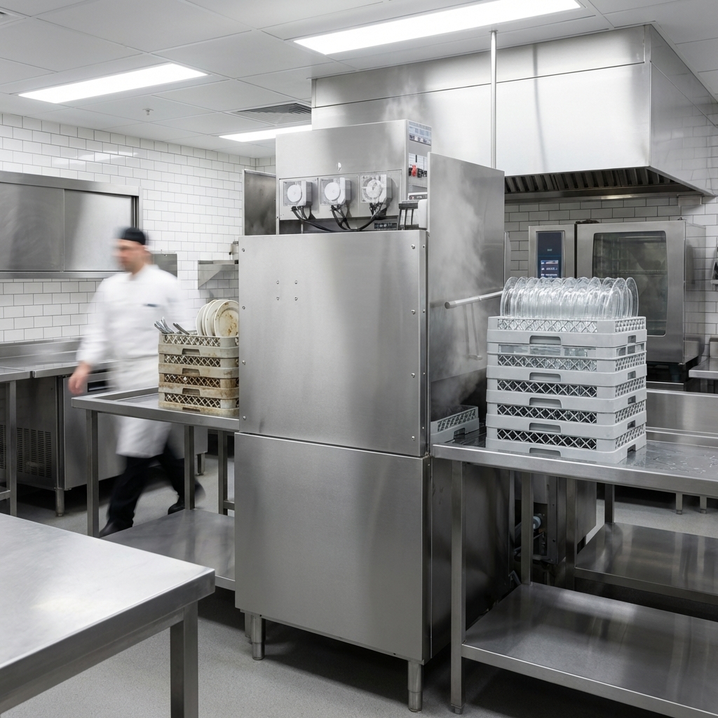 This image highlights the high capacity of the commercial dishwasher, efficiently managing a continuous flow of dish racks in a busy kitchen.