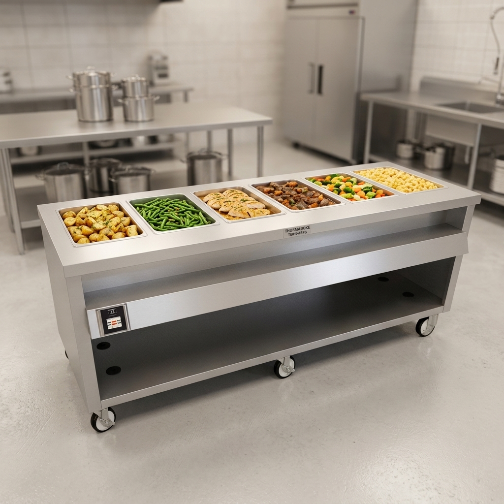 This image showcases the Thurmaduke 6-well food warmer's innovative dry heat operation, ensuring perfectly warm food without the need for water or steam.