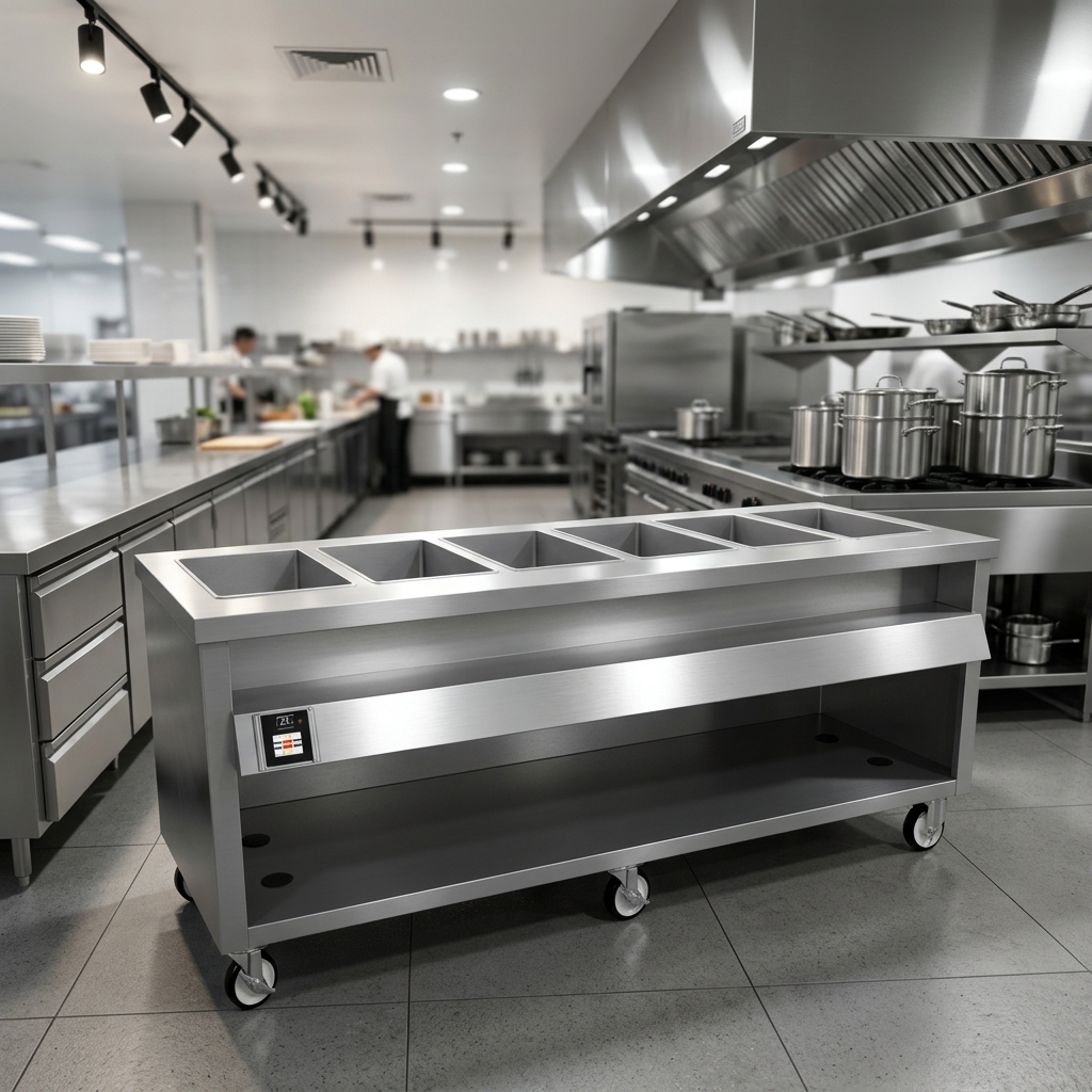Experience the exceptional durability of this mobile food warmer, featuring a robust 16-gauge stainless steel top and a sturdy paint grip steel body built for the toughest commercial use.