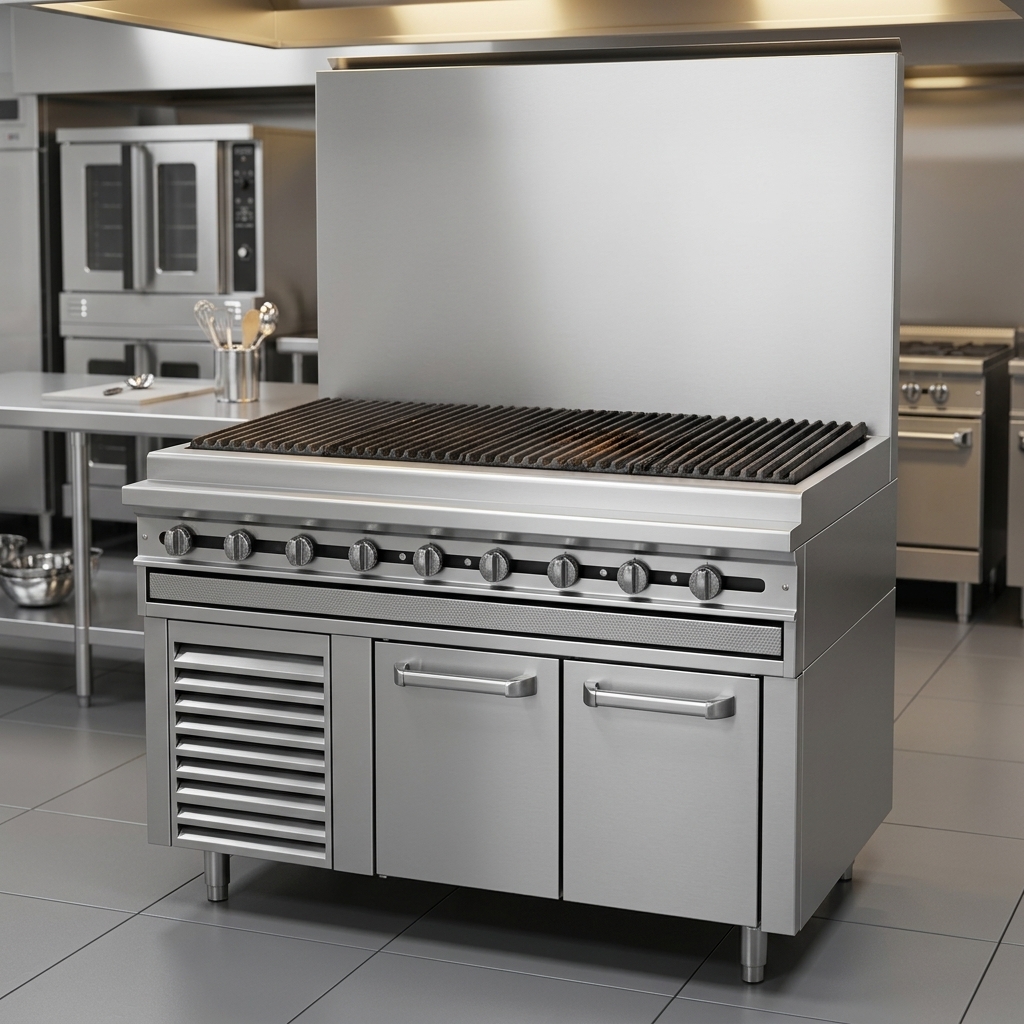 This image highlights the charbroiler's robust, heavy-duty construction, designed for lasting durability in demanding commercial kitchens.