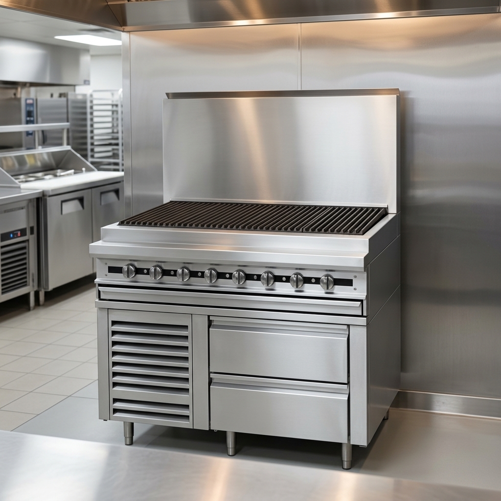 Observe the Titan JMRH-72B charbroiler's impressive stainless steel exterior, designed for ultimate hygiene and a professional, durable finish in any commercial kitchen.