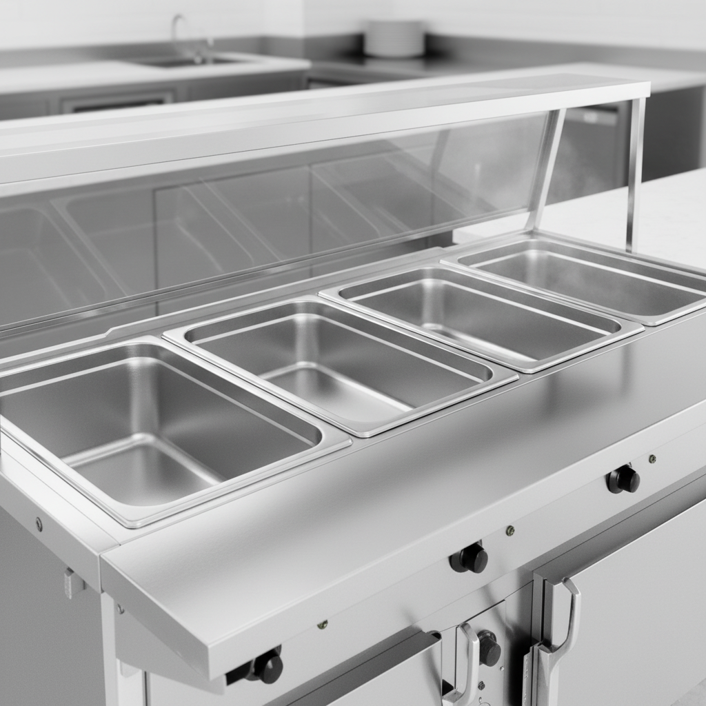 Showcasing the immaculate individual hot food wells of the Atlas Metal CAHB-3 serving counter, designed for superior heat retention and effortless cleaning.