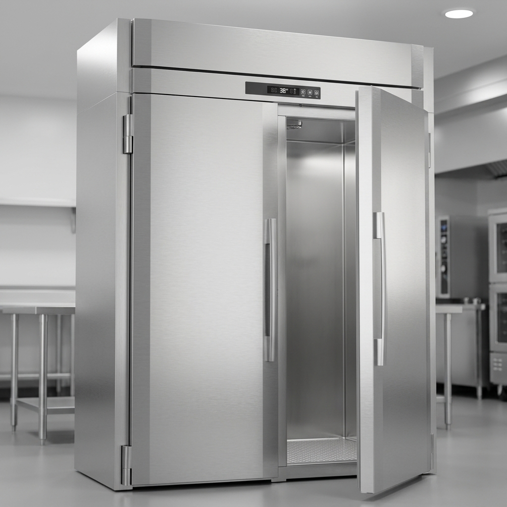 This image highlights the freezer's robust, all stainless steel construction, ensuring exceptional durability and a sleek, professional aesthetic for any commercial kitchen.