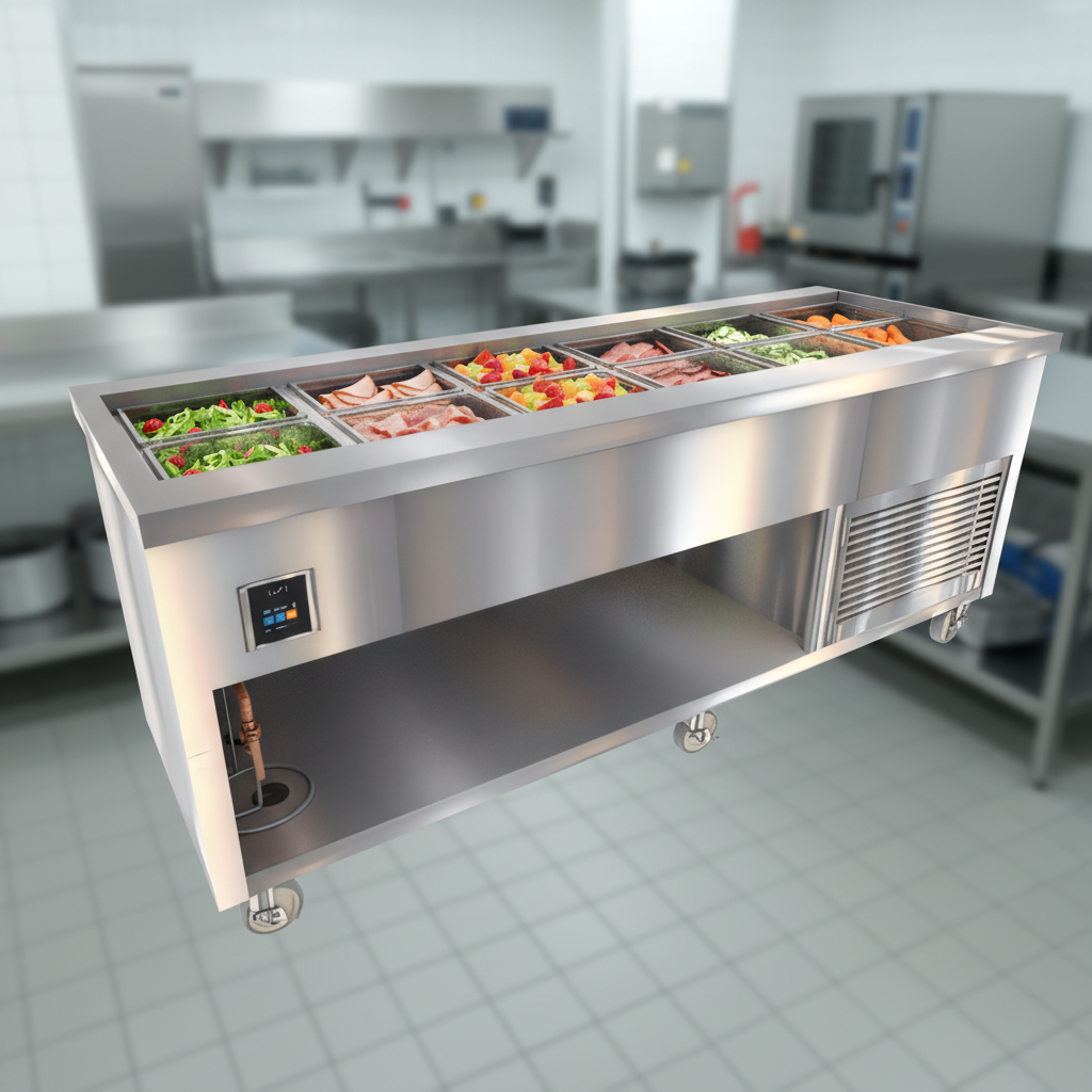 This image showcases the unit's NSF 7 compliant cold pan, designed for safe and efficient holding of various chilled food items.