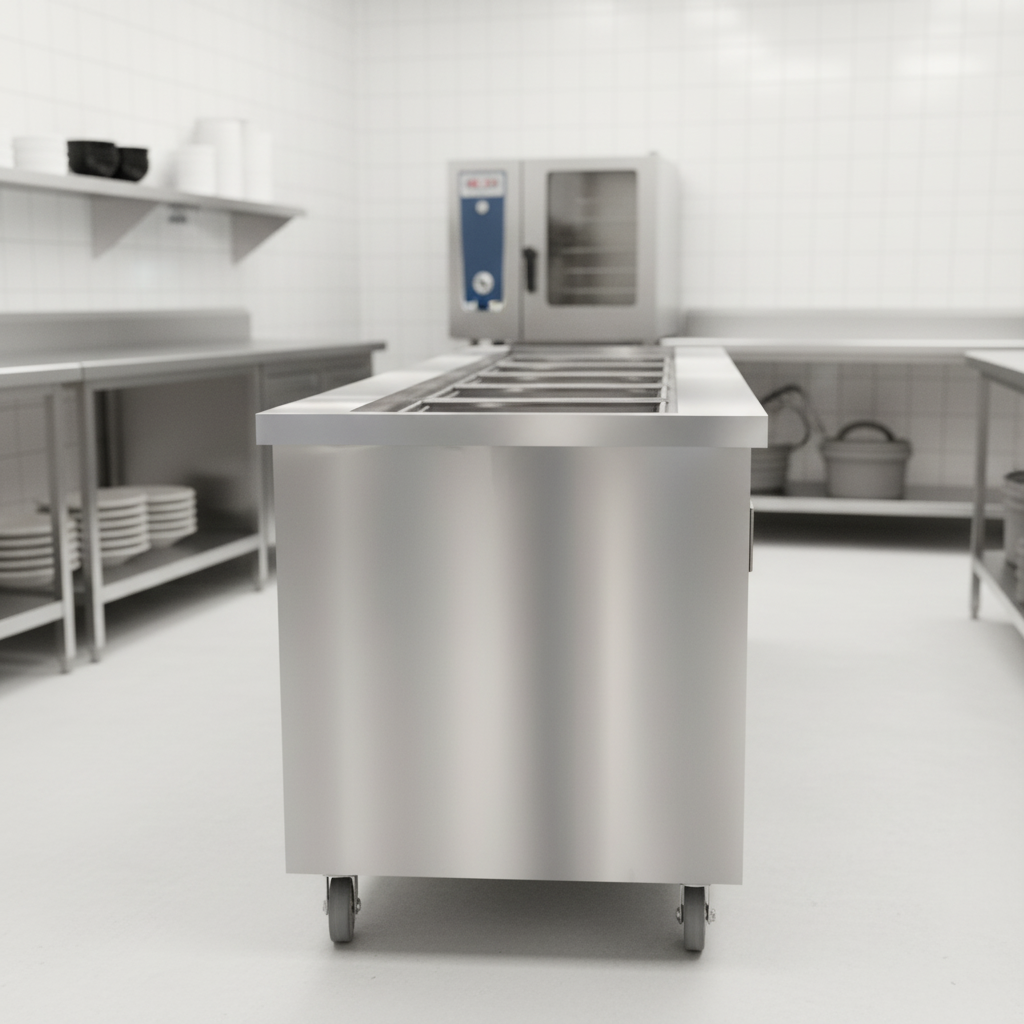 This image showcases the cold food unit's robust 16 gauge, 300 Series stainless steel construction, built for superior durability and effortless cleaning.