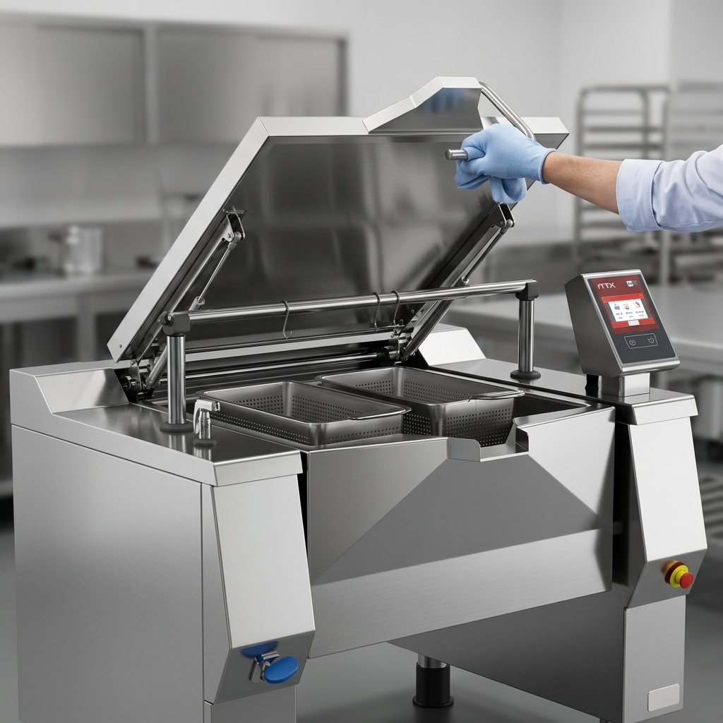 This image highlights the braising pan's insulated hinged lid, which opens effortlessly with its ergonomic handle and balanced gas springs.