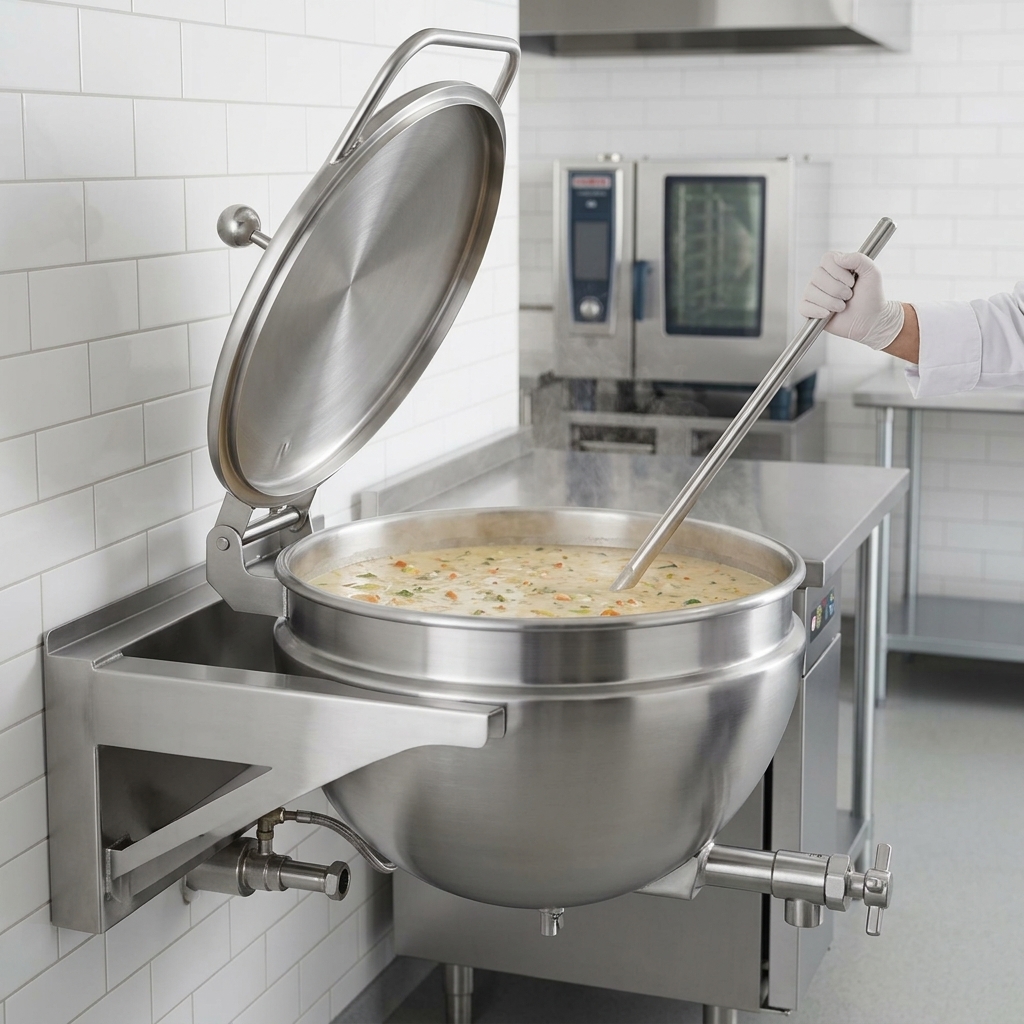 This image highlights the Legion LSWC-60 kettle's full-jacketed system, delivering uniform heat distribution for perfectly consistent and unscorched cooking.