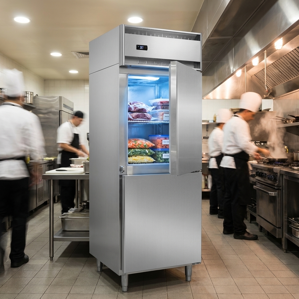 The freezer's robust cabinet insulation ensures consistent temperature retention, keeping contents perfectly frozen in a busy kitchen environment.