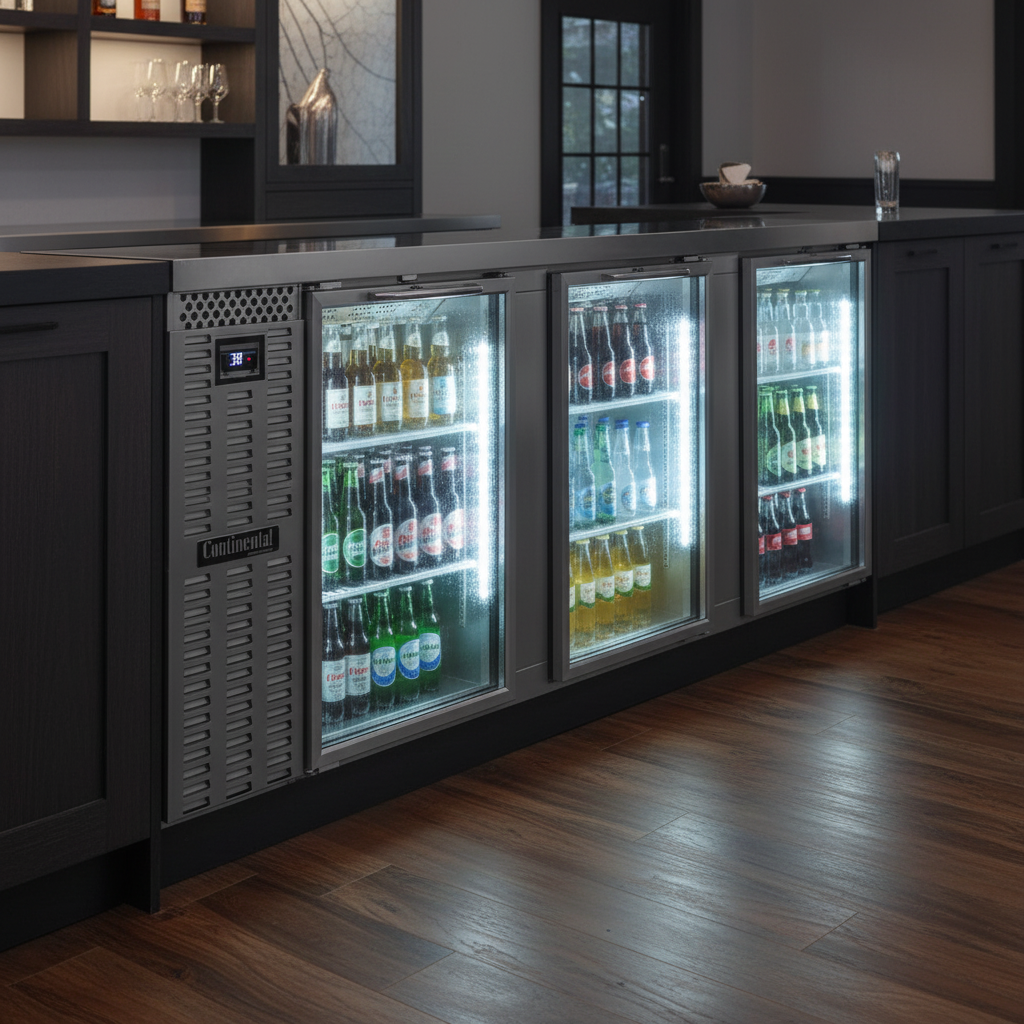 This image highlights the back bar cooler's front-breathing refrigeration system, enabling seamless, flush installation for a sleek bar design.