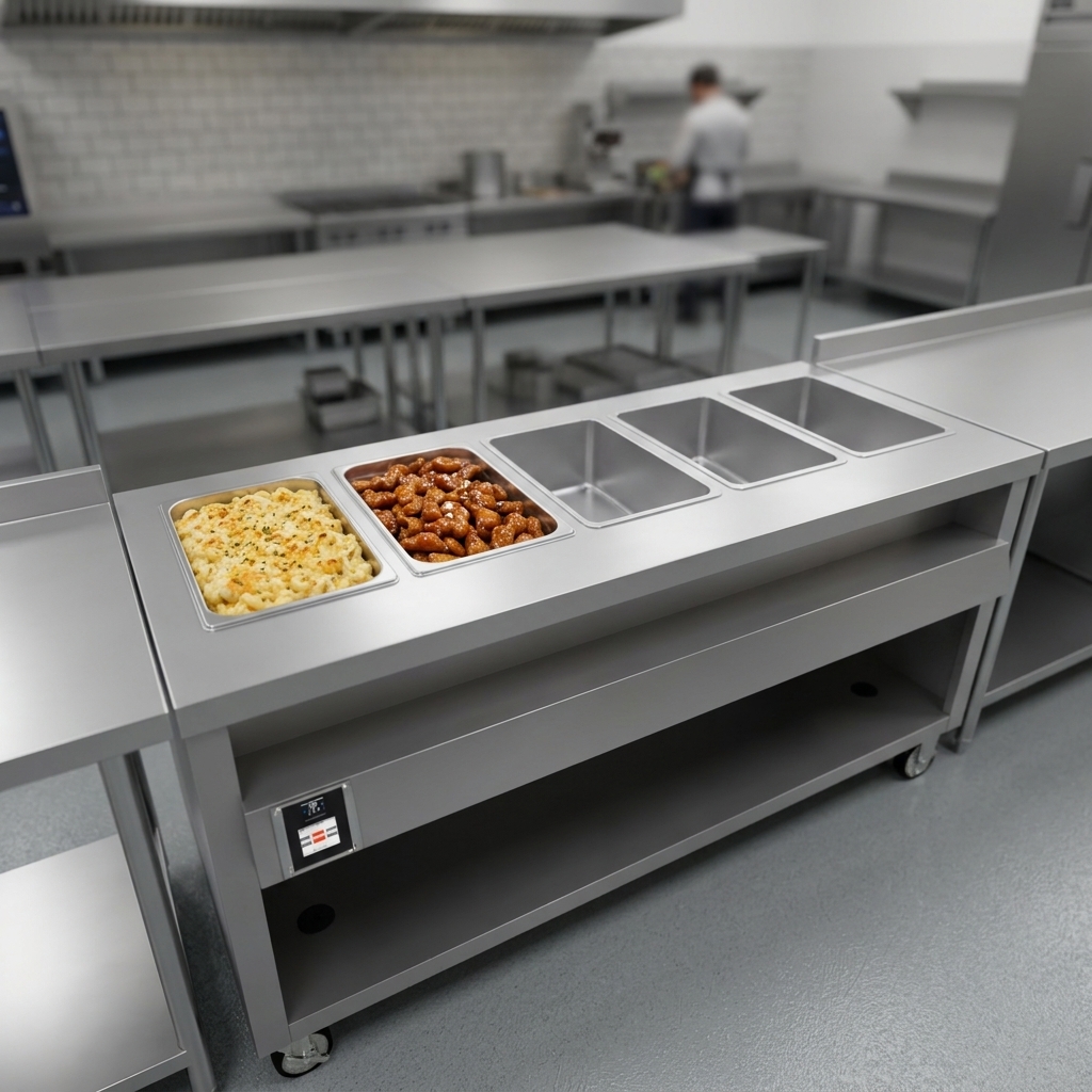 Experience the perfect fit and seamless integration of full-size food pans within the Thurmaduke's precisely uniform die-stamped openings.