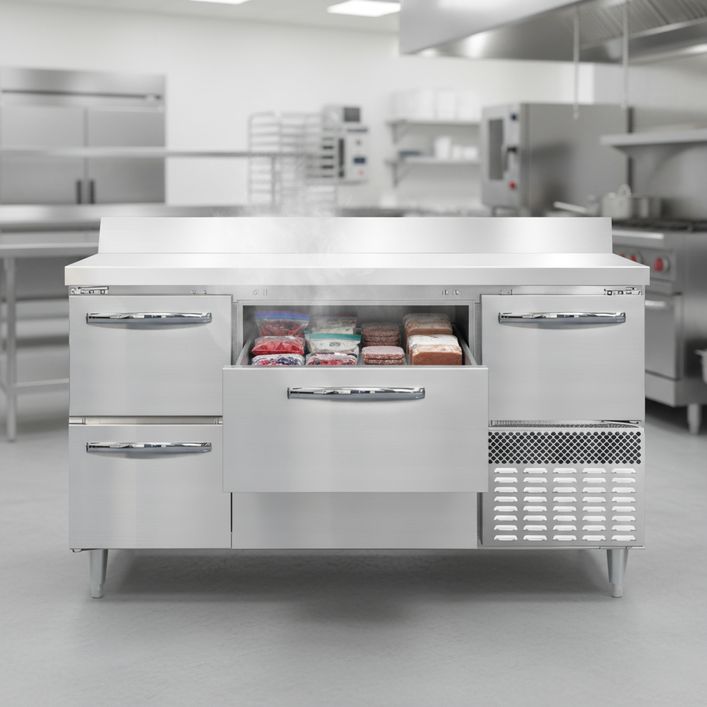 Experience consistent and reliable cooling with this worktop freezer's high-efficiency refrigeration system, designed for optimal performance in demanding commercial kitchens.