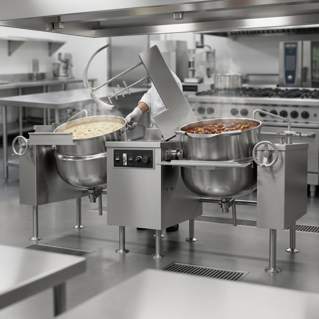 Effortlessly prepare diverse, large-scale culinary creations simultaneously with the dual 60-gallon capacity of these powerful mixer kettles.