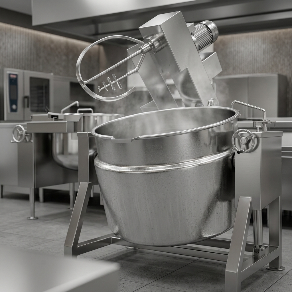 This image showcases the 2/3 jacket design of the tilting mixer kettle, ensuring comprehensive and uniform heating to prevent scorching.