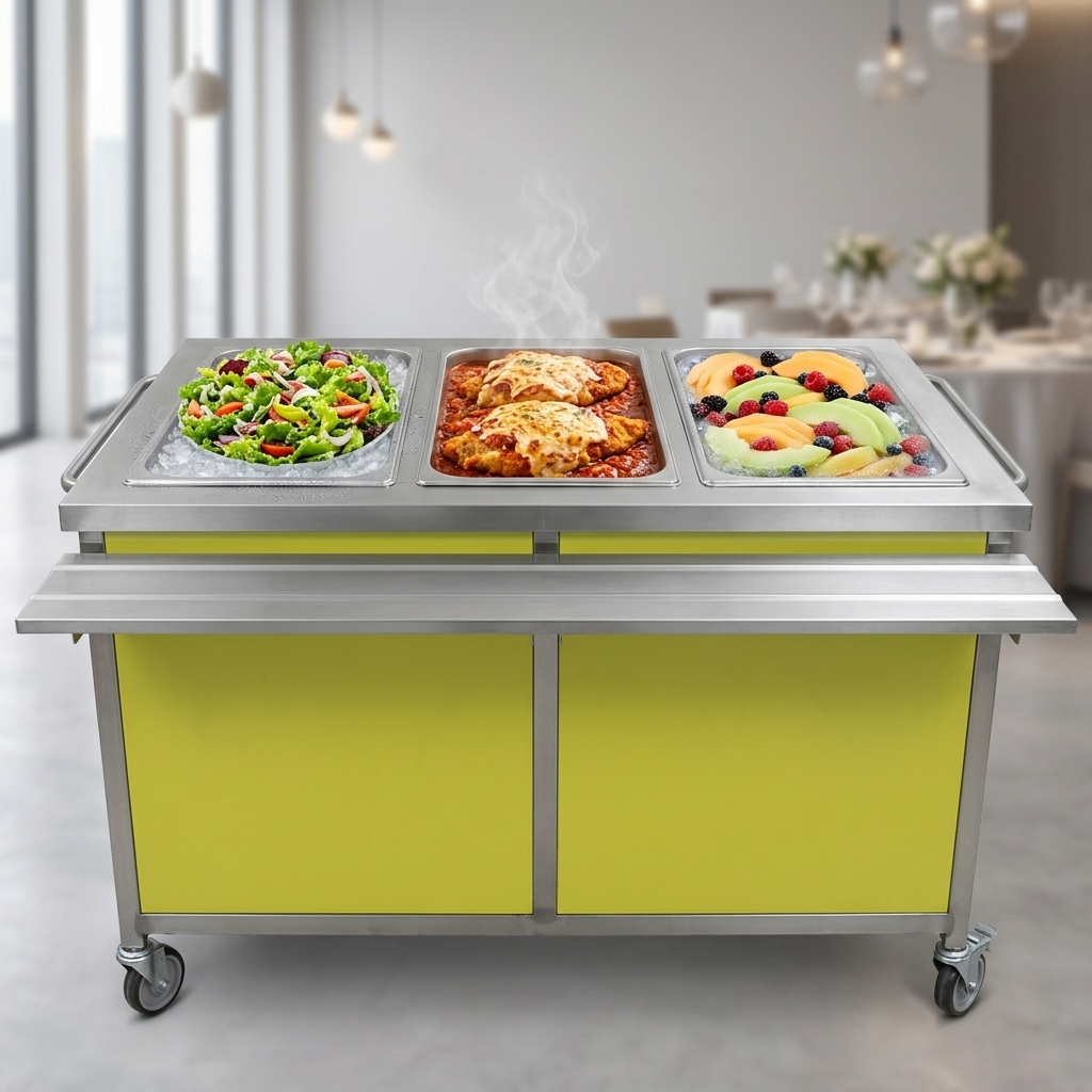 Experience ultimate versatility with this mobile food table's dual temperature operation, seamlessly transitioning between hot and cold service.