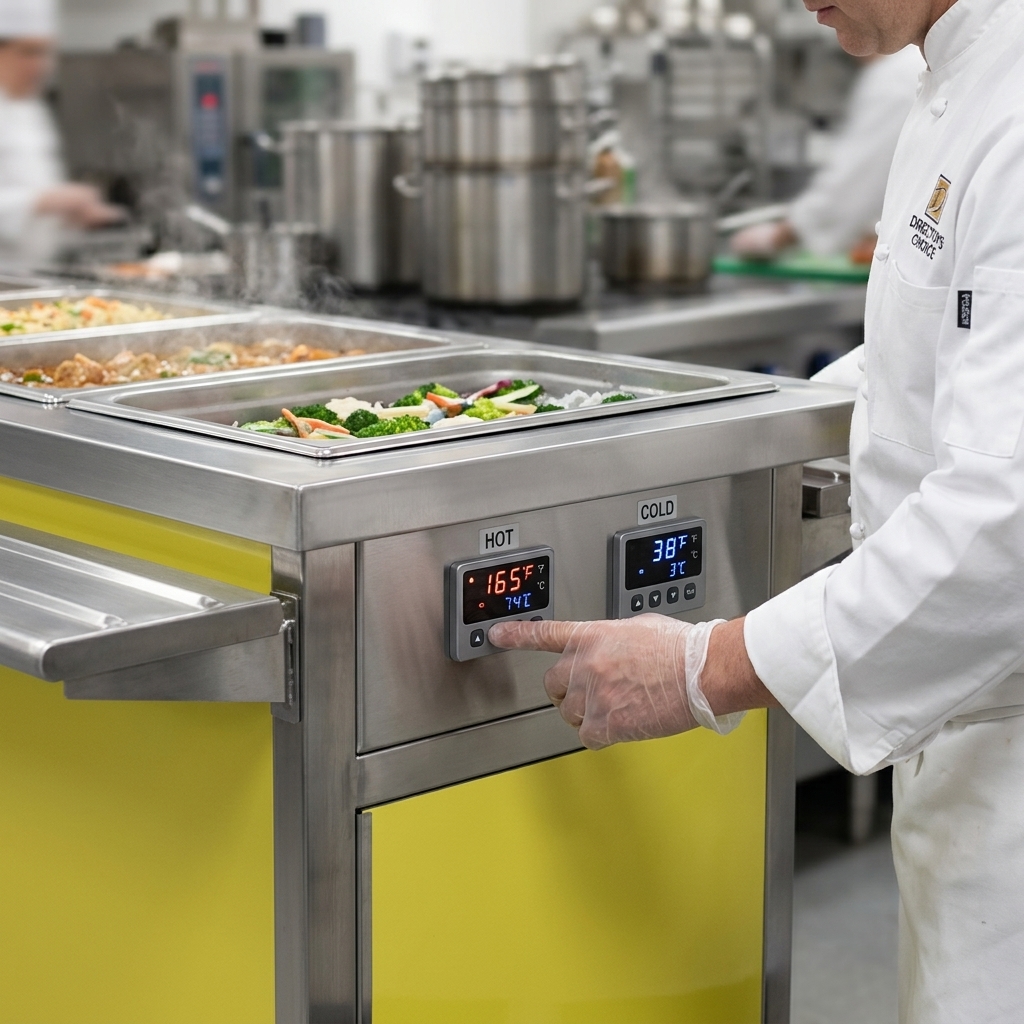 Independent thermostatic controls provide precise, accurate temperature maintenance for both hot and cold food items on this mobile food table.