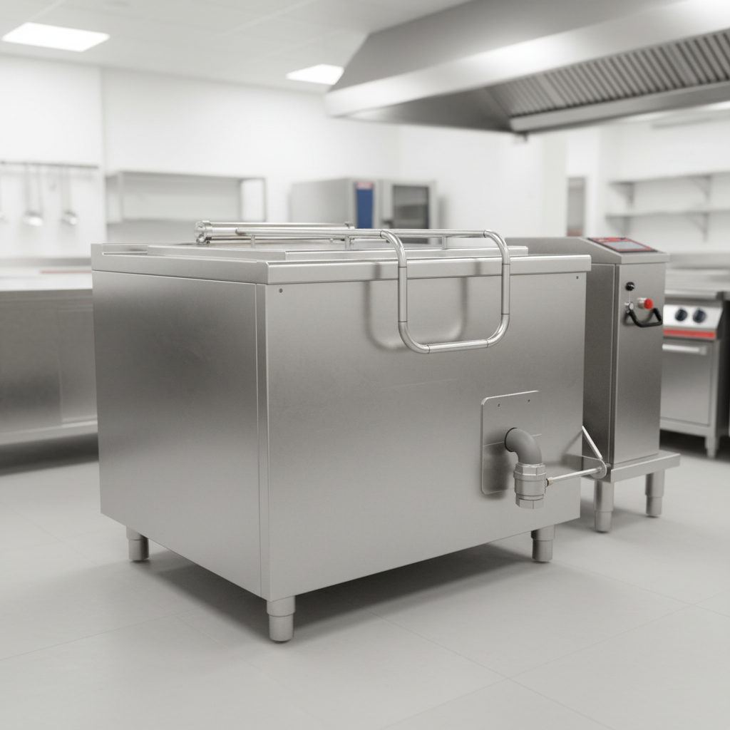 This image showcases the multicooker's exceptional robust construction, featuring durable stainless steel with a pristine satin finish designed for rigorous commercial kitchen demands.