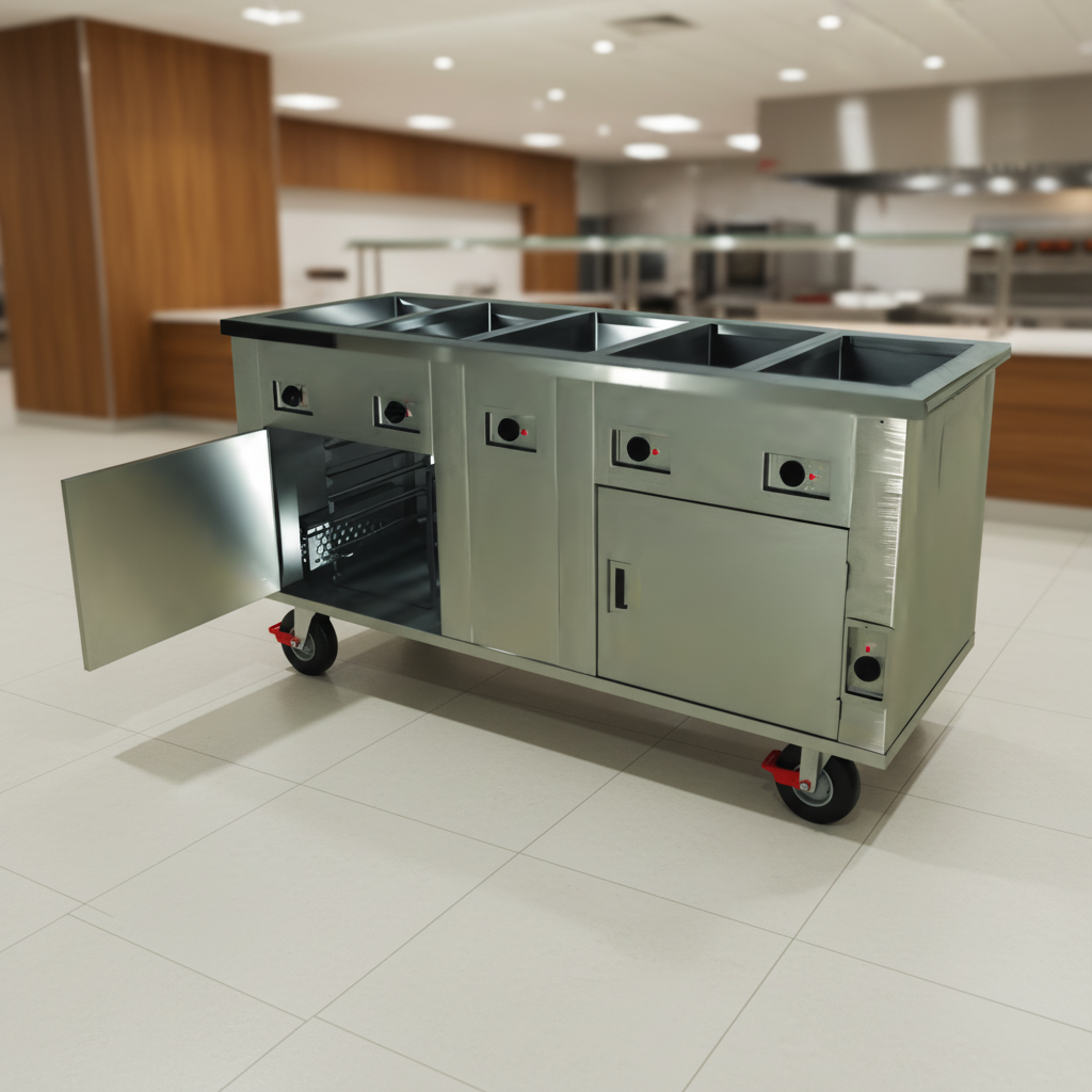 Effortlessly transport and position your hot food serving counter with its robust mobile design and heavy-duty 5-inch locking casters.