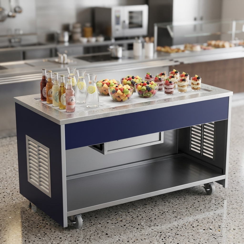 This image beautifully demonstrates the expansive frost top design, ensuring your cold foods and beverages remain perfectly chilled and elegantly displayed.