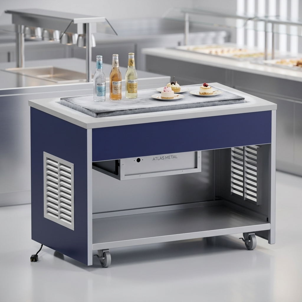 This image showcases the Atlas Metal INFRF-4 Mobile Refrigeration Frost Top Unit, highlighting its convenient self-contained refrigeration system for effortless placement in any commercial setting.